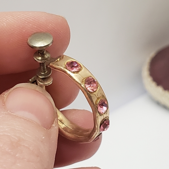 Vintage Gold Plated Pink Crystal Hoop Earrings Screw Back Earrings - Picture 6 of 7